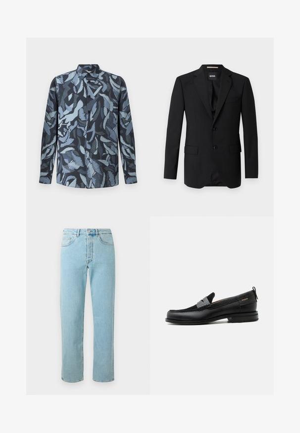 Schwarzes Blazer mit Reverskragen, einreihigem Design, zwei Knöpfen und zwei frontalen Taschen. Glattes Gewebe und taillierte Passform.; Langarmhemd aus weichem Stoff mit einem dunkelblauen Grundton und abstrakten, hellblauen blattähnlichen Mustern, mit Knopfleiste und Kragen.; Helle blaue Jeans aus Denim mit geradem Schnitt, fünf Taschen, einem Reißverschluss und einem dezenten Verblassen des Stoffes.; Schwarzer Lederloafer mit grauem Riemendetail, niedrigem Absatz und strukturierter Sohle, seitlich mit „HUGO“ in Gold gebrandmarkt.