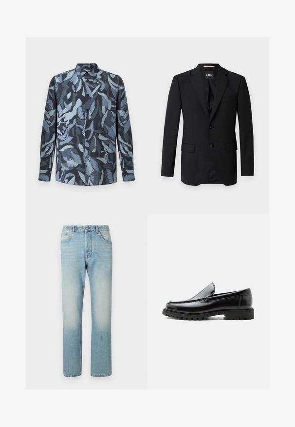 Schwarzes Blazer mit Reverskragen, einreihigem Design, zwei Knöpfen und zwei frontalen Taschen. Glattes Gewebe und taillierte Passform.; Langarmhemd aus weichem Stoff mit einem dunkelblauen Grundton und abstrakten, hellblauen blattähnlichen Mustern, mit Knopfleiste und Kragen.; Helle blaue Jeans aus Denim mit geradem Bein, fünf Taschen und einem ausgewaschenen Effekt an den Oberschenkeln.; Schwarzer Lederloafer mit grober Gummisohle, genähter Oberseite und geprägtem Markennamen an der Ferse, seitlich auf weißem Hintergrund gezeigt.