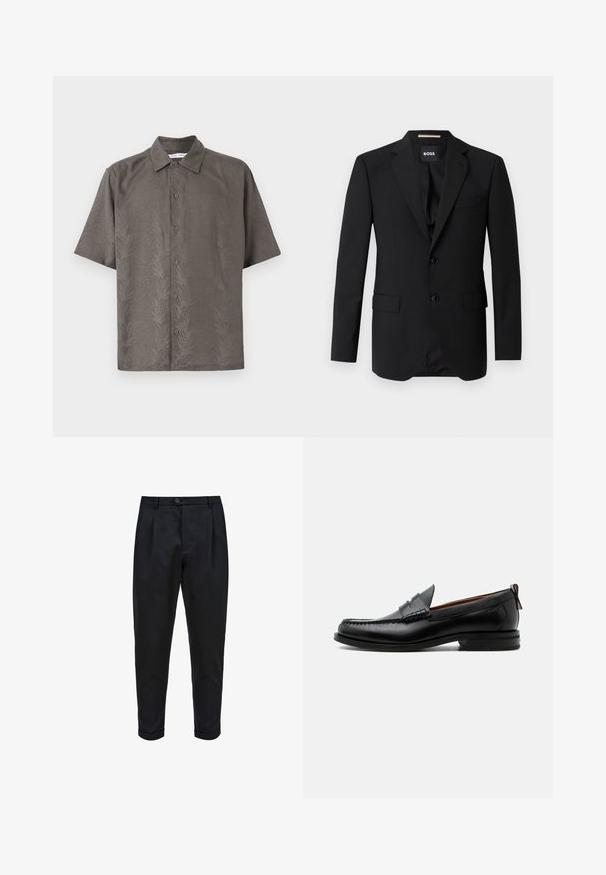 Blazer noir avec revers crantés, design à un bouton, deux boutons et deux poches avant. Tissu lisse et coupe ajustée.; Chemise à manches courtes, couleur olive, en tissu texturé avec un motif de feuilles en relief, munie d'un col classique et d'une fermeture par boutons sur le devant.; Pantalons noirs en tissu lisse, avec un devant plissé, une coupe fuselée et des ourlets roulés. Fermeture par bouton simple à la taille.; Mocassin homme en cuir noir avec couture moc toe, bride penny, col texturé et petit talon empilé sur fond blanc.