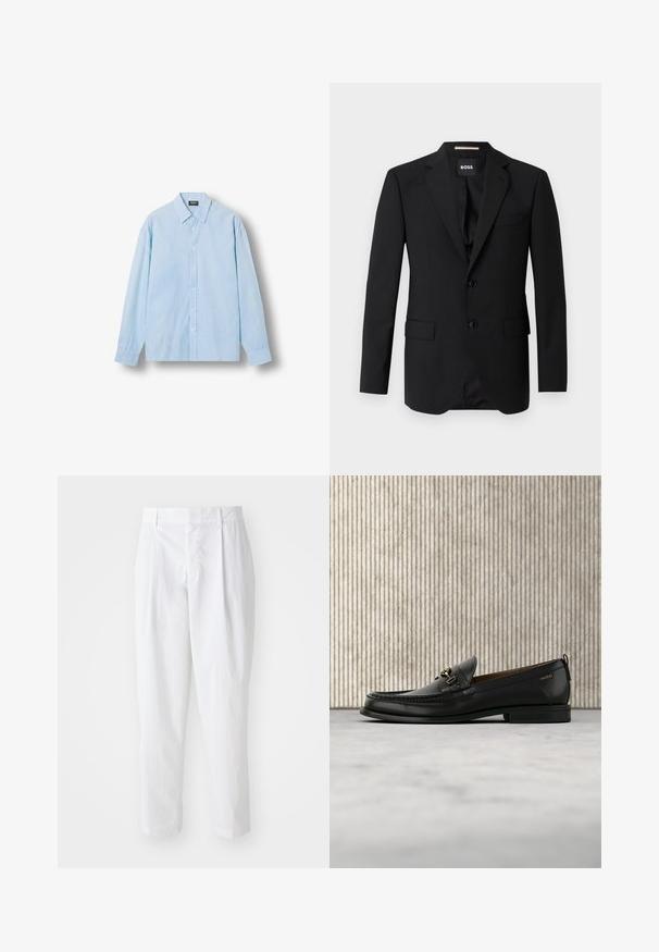 Blazer noir avec revers crantés, design à un bouton, deux boutons et deux poches avant. Tissu lisse et coupe ajustée.; Chemise bleu clair à boutons, avec fines rayures blanches verticales, manches longues et col pointu, présentée à plat sur fond blanc.; Pantalons plissés blancs à taille haute et longueur cropped, avec une texture lisse et des lignes épurées. Pas de matériel visible ni de motifs.; Mocassin en cuir noir avec mors en métal doré et logo "HUGO", présenté sur un tapis beige et un meuble translucide marron.