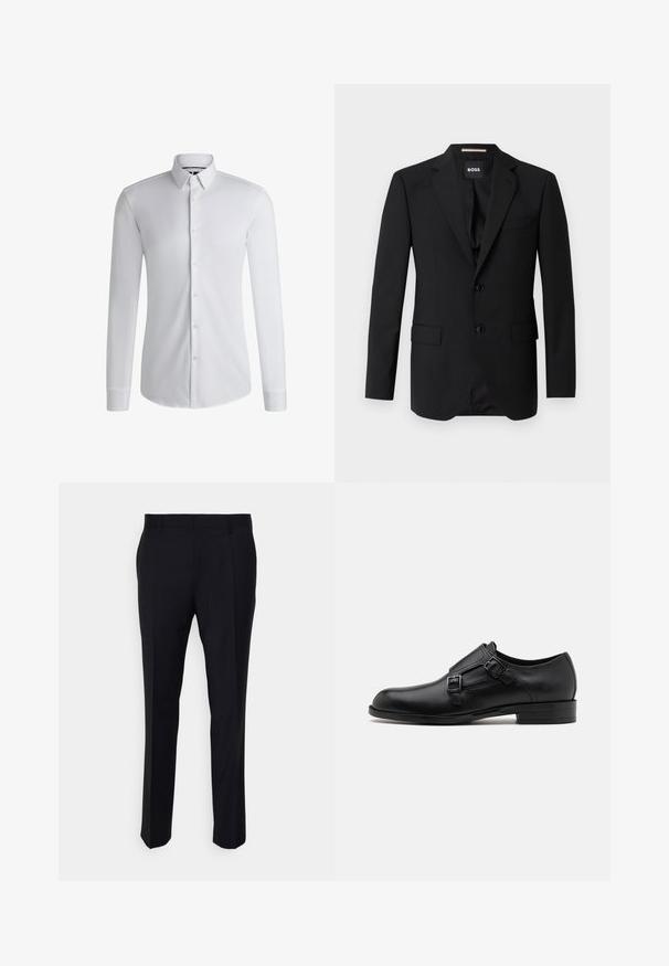 Sort blazer med spidse klapper, enknapsdesign, to knapper og to frontlommer. Glat stof og skræddersyet pasform.; Langærmet hvid skjorte lavet af glat stof, med en krave med knapper og en række knapper foran. Enkelt design.; Sorte bukser lavet af vævet stof, med en skræddersyet pasform, flad front, sidelommer og lige ben-design.; Sort læderherresko med dobbelte spænder, slank silhuet og rund tå. Har en lav hæl og glat tekstur.