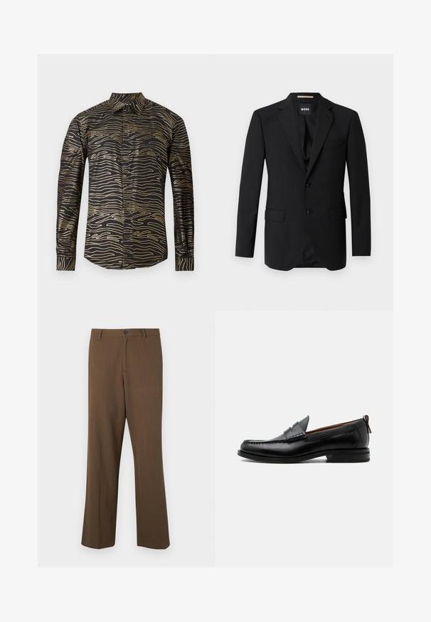 Blazer noir avec revers crantés, design à un bouton, deux boutons et deux poches avant. Tissu lisse et coupe ajustée.; Chemise noire ornée d'un motif doré sinueux, à manches longues et col classique, fabriquée en tissu lisse avec une finition brillante.; Pantalons marron à jambes droites en tissu texturé, avec une fermeture à bouton et une taille standard, dotés de poches latérales et de coutures ajustées.; Mocassin homme en cuir noir avec couture moc toe, bride penny, col texturé et petit talon empilé sur fond blanc.