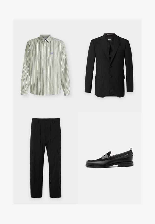 Blazer noir avec revers crantés, design à un bouton, deux boutons et deux poches avant. Tissu lisse et coupe ajustée.; Chemise à manches longues avec boutons, rayures verticales noires et blanches sur tissu vert clair, avec un petit logo bleu Hugo sur la poche poitrine.; Pantalons cargo noirs en tissu léger, avec une coupe droite, des pliures avant, des poches latérales et une fermeture à bouton.; Mocassin en cuir noir avec détail de bride grise, talon bas et semelle texturée, marqué "HUGO" en or sur le côté.