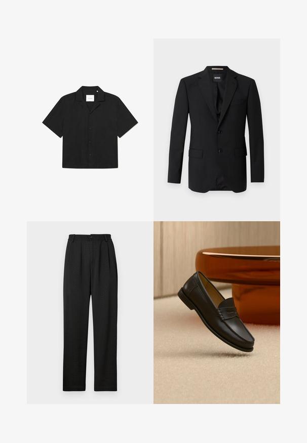 Sort blazer med spidse klapper, enknapsdesign, to knapper og to frontlommer. Glat stof og skræddersyet pasform.; Sort kortærmet skjorte med knaplukning, flad krave, glat tekstur og subtilt mønster på stoffet, mærket "LES DEUX" indvendigt.; Sorte bukser med et struktureret mønster, der har en bred talje med en knap og forkærninger foran for en skræddersyet pasform. Lige ben-design.; Sort læder loafer-sko hængende over beige tæppe med ravfarvet moderne møblement i baggrunden.