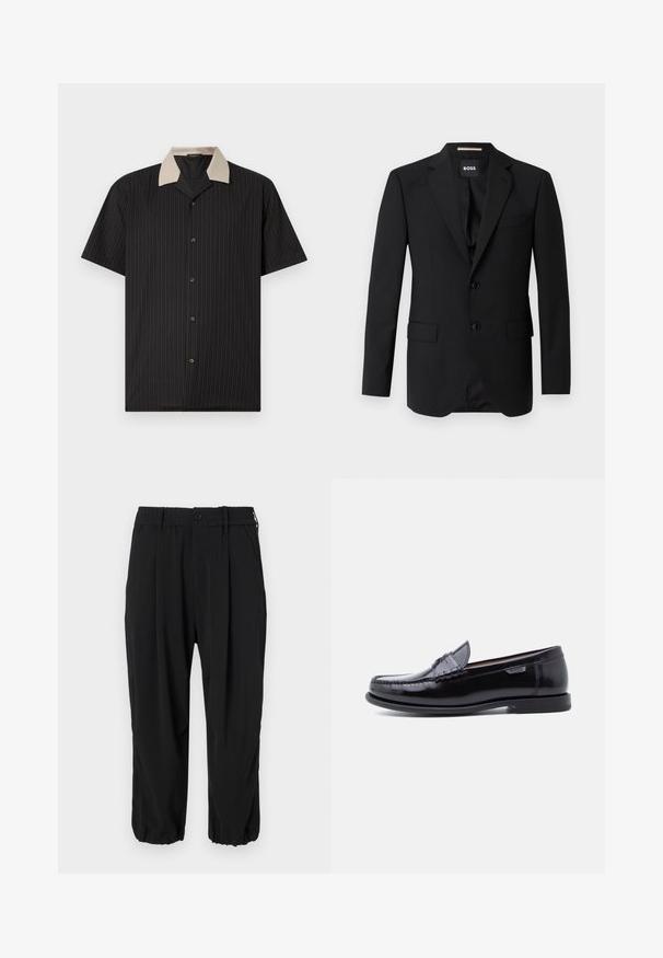 Schwarzes Blazer mit Reverskragen, einreihigem Design, zwei Knöpfen und zwei frontalen Taschen. Glattes Gewebe und taillierte Passform.; Kurzarmhemd in Schwarz mit vertikalen Streifen, ausgestattet mit einem beigen Kragen und Frontknöpfen. Hergestellt aus leichtem Stoff mit glatter Textur.; Schwarze, wadenlange Hosen mit elastischem Bund und Knopf, seitlichen Taschen und einem lässigen Schnitt mit Bündchen an den Knöcheln.; Schwarze Leder-Loafer mit glänzendem Finish, mit einer gesteppten Verzierung auf der Zehenpartie und einer niedrigen, strukturierten schwarzen Gummisohle.