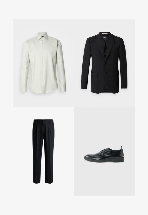 Schwarzes Blazer mit Reverskragen, einreihigem Design, zwei Knöpfen und zwei frontalen Taschen. Glattes Gewebe und taillierte Passform.; Helles grünes Langarm-Hemd mit Knopfleiste, strukturiertem Kragen, schlichter Textur und Vorderknopfleiste mit weißen Knöpfen.; Schwarze Hose aus glattem Stoff, mit geradem Bein-Design, Falten vorne und einem Knopfverschluss mit Gürtelschlaufen.; Glänzender schwarzer Lederschuh mit niedrigem Absatz, Schnürverschluss und runder Kappe, seitlich auf hellem, schlichten Hintergrund gezeigt.
