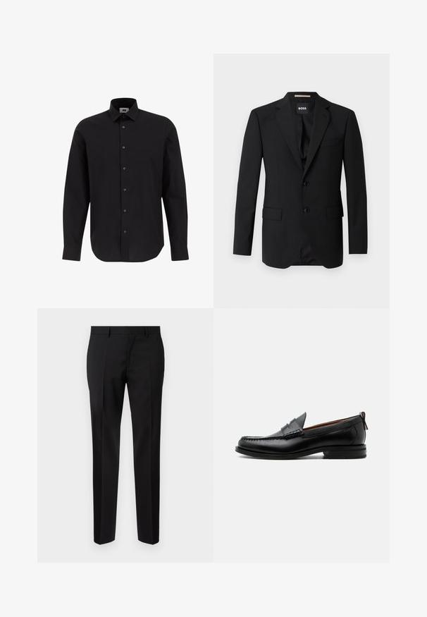 Schwarzes Blazer mit Reverskragen, einreihigem Design, zwei Knöpfen und zwei frontalen Taschen. Glattes Gewebe und taillierte Passform.; Schwarze Langarm-Hemdbluse aus gewebtem Stoff, ausgestattet mit einem klassischen Kragen, geradem Saum und schwarzen Knöpfen an der Vorderseite.; Schwarze maßgeschneiderte Hosen aus glattem Stoff, mit geradem Bein, feinen Bügelfalten und einem klassischen Bund mit Gürtelschlaufen.; Schwarzer Leder-Herrenschuh mit Mokassinnaht, Penny-Riemen, strukturiertem Kragen und niedrigem gestapeltem Absatz auf weißem Hintergrund.