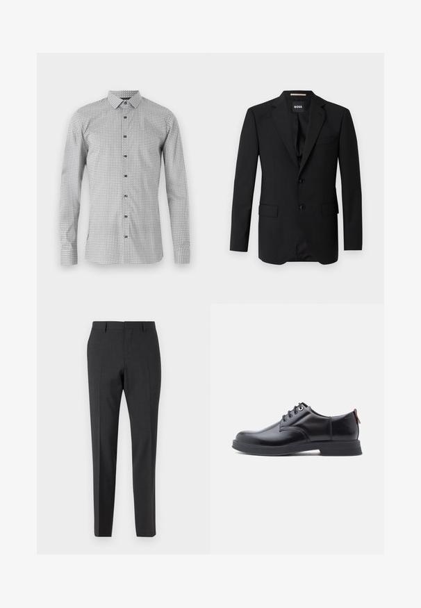 Schwarzes Blazer mit Reverskragen, einreihigem Design, zwei Knöpfen und zwei frontalen Taschen. Glattes Gewebe und taillierte Passform.; Langarmshirt in Weiß und Schwarz mit geometrischem Muster, durchgehende Knopfleiste und klassischem Kragen. Leichter Stoff mit glatter Textur.; Dunkelgraue, maßgeschneiderte Hose mit glatter Textur, schmaler Passform, flachem Frontbereich und Gürtelschlaufen, entworfen für formelle oder geschäftliche Kleidung.; Schwarze Leder-Schnürschuhe mit glatter Textur, rundem Zehenbereich und dezenten Ziernähten. Mit einem roten Laschenband an der Ferse.