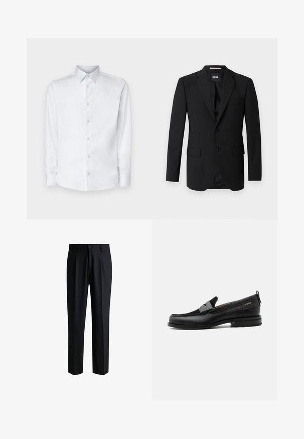 Blazer noir avec revers crantés, design à un bouton, deux boutons et deux poches avant. Tissu lisse et coupe ajustée.; Chemise blanche à manches longues en tissu lisse, dotée d'un col classique, d'une patte de boutonnage et de poignets avec boutons, présentée sur un fond uni.; Pantalons noirs en tissu lisse, avec une coupe droite, des plis à l'avant et une fermeture à bouton avec passants de ceinture.; Mocassin en cuir noir avec détail de bride grise, talon bas et semelle texturée, marqué "HUGO" en or sur le côté.