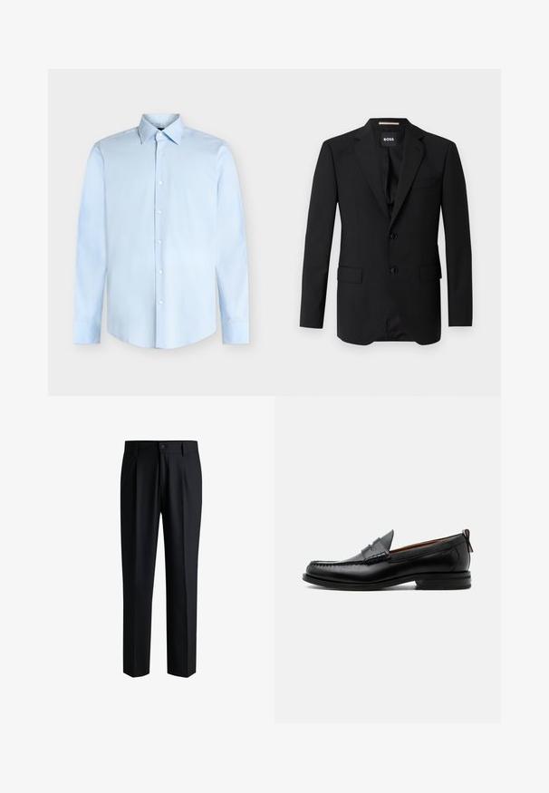 Schwarzes Blazer mit Reverskragen, einreihigem Design, zwei Knöpfen und zwei frontalen Taschen. Glattes Gewebe und taillierte Passform.; Hellblaues Herrenhemd mit langen Ärmeln, Knopfleiste vorne und spitzem Kragen, vor weißem Hintergrund dargestellt.; Schwarze Hose aus glattem Stoff, mit geradem Bein-Design, Falten vorne und einem Knopfverschluss mit Gürtelschlaufen.; Schwarzer Leder-Herrenschuh mit Mokassinnaht, Penny-Riemen, strukturiertem Kragen und niedrigem gestapeltem Absatz auf weißem Hintergrund.