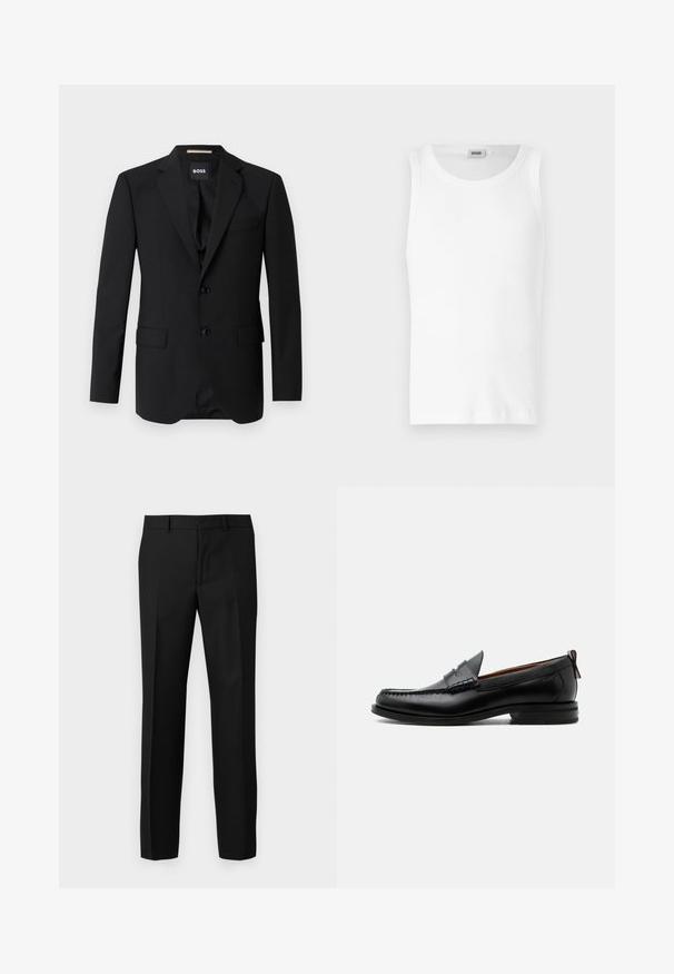 Sort blazer med spidse klapper, enknapsdesign, to knapper og to frontlommer. Glat stof og skræddersyet pasform.; Hvid bomulds tanktop uden ærmer med rund halsudskæring og en glat tekstur. Enkel design, ingen mønstre eller accenter.; Sorte skræddersyede bukser med en glat tekstur, der har et lige ben-design, frontfolder og en flad talje. Ingen synlige lommer.; Sort læder herre loafer med moc-tå syning, penny strop, struktureret krave og lav stablet hæl på hvid baggrund.