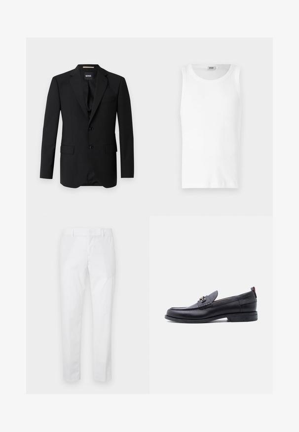 Schwarzes Blazer mit Reverskragen, einreihigem Design, zwei Knöpfen und zwei frontalen Taschen. Glattes Gewebe und taillierte Passform.; Weißes Baumwoll-Tanktop ohne Ärmel mit Rundhalsausschnitt und glatter Textur. Einfaches Design, ohne Muster oder Akzente.; Weiße Slim-Fit-Hose mit Gürtelschlaufen und Seitentaschen, flach auf hellem Hintergrund ausgelegt.; Schwarzer Lederloafer mit grauem, strukturiertem Vorderblatt, silberner Metallschnalle, niedrigem Absatz und Zuglasche hinten.