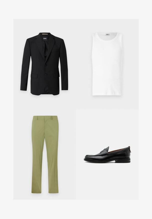 Schwarzes Blazer mit Reverskragen, einreihigem Design, zwei Knöpfen und zwei frontalen Taschen. Glattes Gewebe und taillierte Passform.; Weißes Baumwoll-Tanktop ohne Ärmel mit Rundhalsausschnitt und glatter Textur. Einfaches Design, ohne Muster oder Akzente.; Slim-fit olivgrüne Hose mit Gürtelschlaufen, Frontreißverschluss und geraden Beinen, flach auf hellem Hintergrund liegend.; Schwarzer Leder-Herrenschuh mit Mokassinnaht, Penny-Riemen, strukturiertem Kragen und niedrigem gestapeltem Absatz auf weißem Hintergrund.