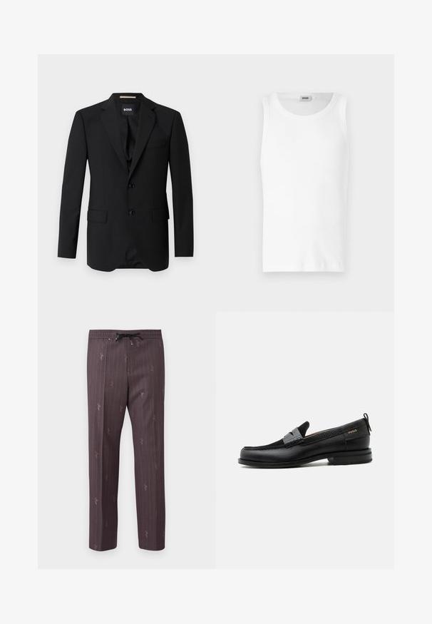 Blazer negro con solapas de muesca, diseño de un solo botón, dos botones y dos bolsillos frontales. Tejido suave y corte entallado.; Camiseta sin mangas de algodón blanco con cuello redondo y una textura suave. Diseño sencillo, sin patrones ni acentos.; Pantalones con cintura elástica en púrpura oscuro con rayas verticales y sutiles acentos impresos. Material ligero con un corte relajado.; Mocasín de cuero negro con detalle de tira gris, tacón bajo y suela texturizada, con la marca "HUGO" en oro en el lateral.