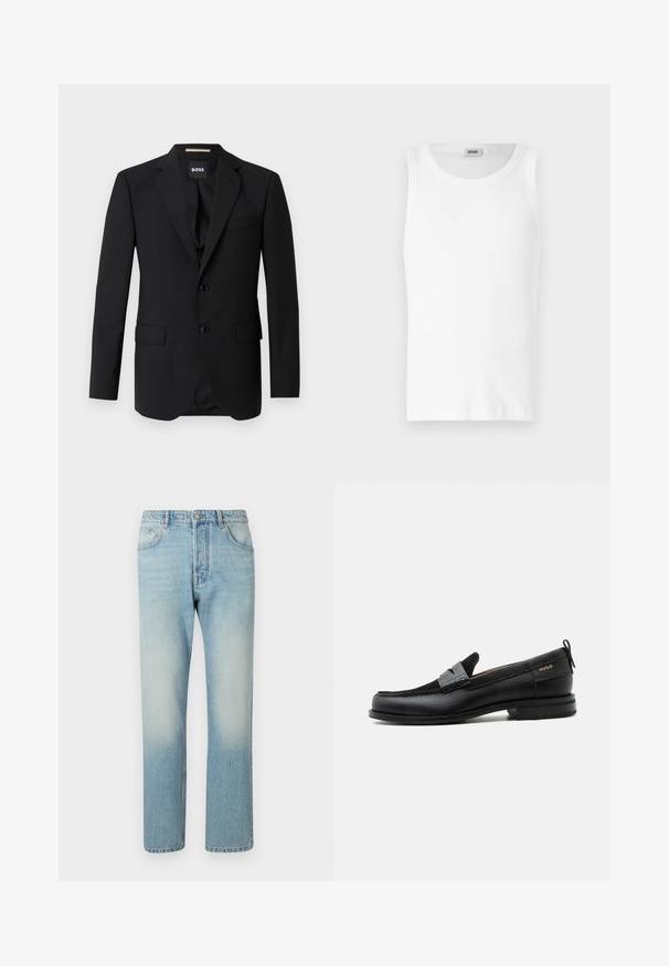Schwarzes Blazer mit Reverskragen, einreihigem Design, zwei Knöpfen und zwei frontalen Taschen. Glattes Gewebe und taillierte Passform.; Weißes Baumwoll-Tanktop ohne Ärmel mit Rundhalsausschnitt und glatter Textur. Einfaches Design, ohne Muster oder Akzente.; Helle blaue Jeans aus Denim mit geradem Bein, fünf Taschen und einem ausgewaschenen Effekt an den Oberschenkeln.; Schwarzer Lederloafer mit grauem Riemendetail, niedrigem Absatz und strukturierter Sohle, seitlich mit „HUGO“ in Gold gebrandmarkt.