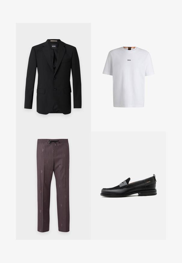 Sort blazer med spidse klapper, enknapsdesign, to knapper og to frontlommer. Glat stof og skræddersyet pasform.; Hvid bomuld T-shirt med korte ærmer, med et sort "BOSS" logo centreret på brystet og en rund halsudskæring.; Elastisk taljebukser i mørk lilla med lodrette striber og subtile trykte detaljer. Let materiale med en afslappet pasform.; Sort læderloafer med grå remdetalje, lav hæl og tekstureret sål, mærket med "HUGO" i guld på siden.
