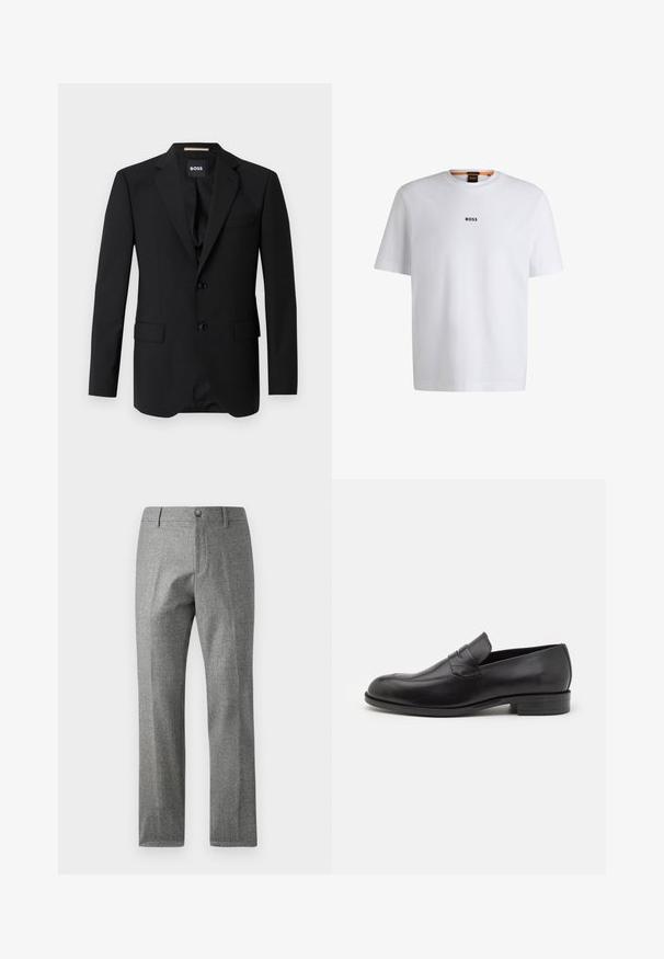 Blazer negro con solapas de muesca, diseño de un solo botón, dos botones y dos bolsillos frontales. Tejido suave y corte entallado.; Camiseta de algodón blanca de manga corta, con un logotipo negro "BOSS" centrado en el pecho y un diseño de cuello redondo.; Pantalones grises texturizados con un diseño de pierna recta, que presentan un cierre frontal con botón y cremallera. Detalle sutil de patrón de espiga.; Mocasines de cuero negro con punta redondeada y detalles de costura sutiles. Textura suave y tacón bajo con marca en la parte trasera.