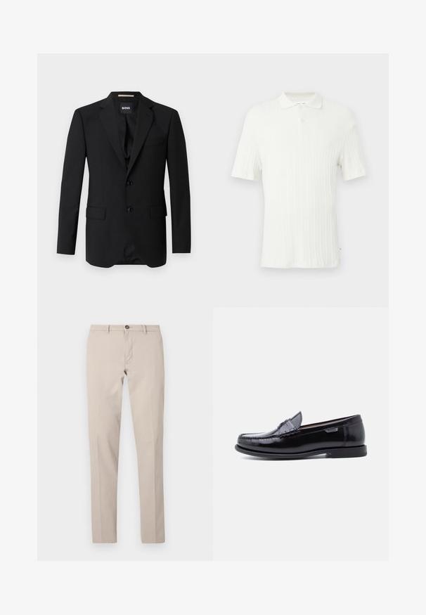 Schwarzes Blazer mit Reverskragen, einreihigem Design, zwei Knöpfen und zwei frontalen Taschen. Glattes Gewebe und taillierte Passform.; Weißes Kurzarm-Poloshirt mit geripptem Strukturmuster, Kragen und einer einzelnen Knopfleiste oben.; Beige Slim-Fit-Hose mit Gürtelschlaufen, Knopfverschluss und vorderlichem Reißverschluss, flach auf weißem Hintergrund dargestellt.; Schwarze Leder-Loafer mit glänzendem Finish, mit einer gesteppten Verzierung auf der Zehenpartie und einer niedrigen, strukturierten schwarzen Gummisohle.