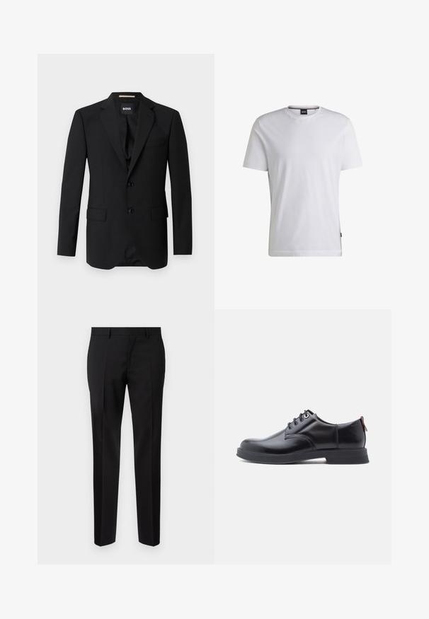 Blazer noir avec revers crantés, design à un bouton, deux boutons et deux poches avant. Tissu lisse et coupe ajustée.; T-shirt blanc à manches courtes en coton. Doté d'un col rond et d'une étiquette de marque subtile sur le côté. Texture lisse et design simple.; Pantalons noirs ajustés en tissu lisse, présentant une jambe droite, des détails de pli raffinés et une taille classique avec passants de ceinture.; Chaussures en cuir noir à lacets avec une texture lisse, un bout arrondi et des détails de couture discrets. Présentent une languette rouge à l'arrière.
