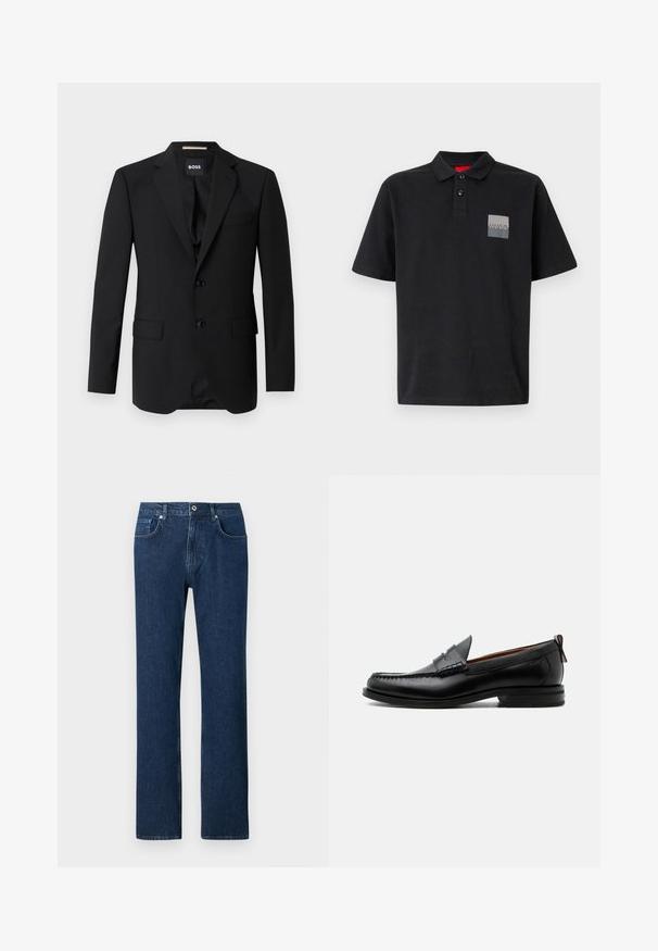 Blazer negro con solapas de muesca, diseño de un solo botón, dos botones y dos bolsillos frontales. Tejido suave y corte entallado.; Camisa polo negra de algodón con un cuello de dos botones, mangas cortas y un parche rectangular gris en el lado izquierdo del pecho.; Jeans de denim azul oscuro con corte recto, que cuentan con un cierre frontal de botón, presillas para cinturón y un diseño de bolsillo estándar.; Mocasín de hombre de piel negra con costura moc toe, tira penny, cuello texturizado y tacón bajo apilado sobre fondo blanco.