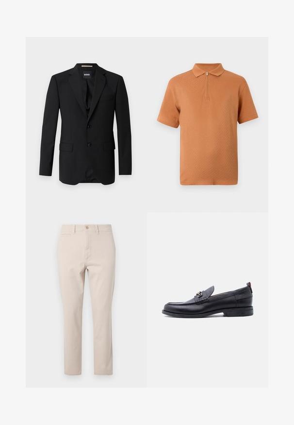 Blazer negro con solapas de muesca, diseño de un solo botón, dos botones y dos bolsillos frontales. Tejido suave y corte entallado.; Camisa polo de hombre de manga corta texturizada en naranja con cremallera en el cuello y un cuello clásico, sobre un fondo blanco.; Pantalones de algodón beige con corte recto, que cuentan con un cierre de botón en la parte frontal, presillas para cinturón y un bolsillo trasero. Textura suave.; Mocasín de cuero negro con empeine gris texturizado, detalle de hebilla metálica plateada, tacón bajo y lengüeta para tirar en la parte trasera.