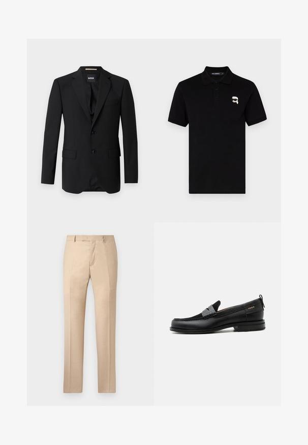 Sort blazer med spidse klapper, enknapsdesign, to knapper og to frontlommer. Glat stof og skræddersyet pasform.; Sort polo skjorte i bomuld med krave, tre knapper og et lille hvidt logo på venstre bryst. Korte ærmer og lige snit.; Beige skræddersyede bukser med en glat tekstur, flad front og lige ben. Har bæltestropper og en skjult lynlås.; Sort læderloafer med grå remdetalje, lav hæl og tekstureret sål, mærket med "HUGO" i guld på siden.