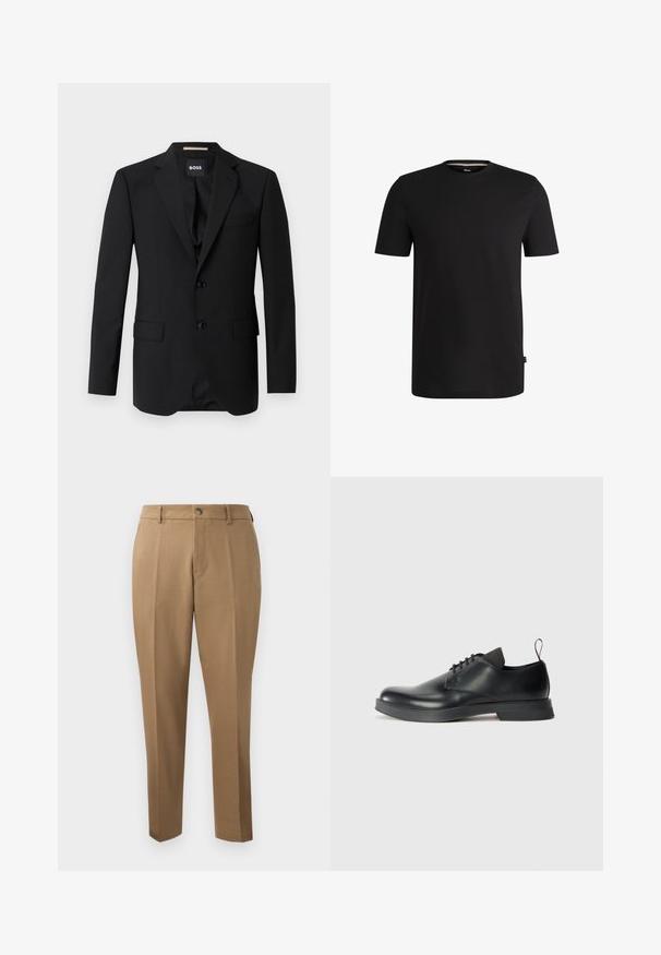 Sort blazer med spidse klapper, enknapsdesign, to knapper og to frontlommer. Glat stof og skræddersyet pasform.; Sort kortærmet t-shirt lavet af glat bomuld med rund halsudskæring. Har et diskret mærke på venstre side nær kanten.; Brune skræddersyede bukser med lige snit, enkelt plissé, bæltestropper og frontknaplukning. Glat stof med en mat overflade.; Sorte læder snøresko med en glat overflade, rund tå og minimalistisk design. Har en subtil kontrasterende hæftning og gummisål.
