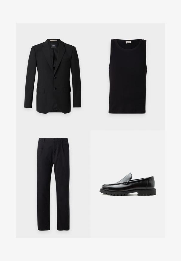 Blazer noir avec revers crantés, design à un bouton, deux boutons et deux poches avant. Tissu lisse et coupe ajustée.; Débardeur noir sans manches en coton doux. Il présente une encolure ronde et une coupe droite, avec des détails de couture minimaux.; Pantalon noir en mélange de coton, avec une coupe droite classique, fermeture à bouton et sans motifs ni embellissements visibles.; Mocassin en cuir noir avec semelle en caoutchouc épaisse, dessus cousu et nom de marque embossé sur le talon, présenté de profil sur fond blanc.