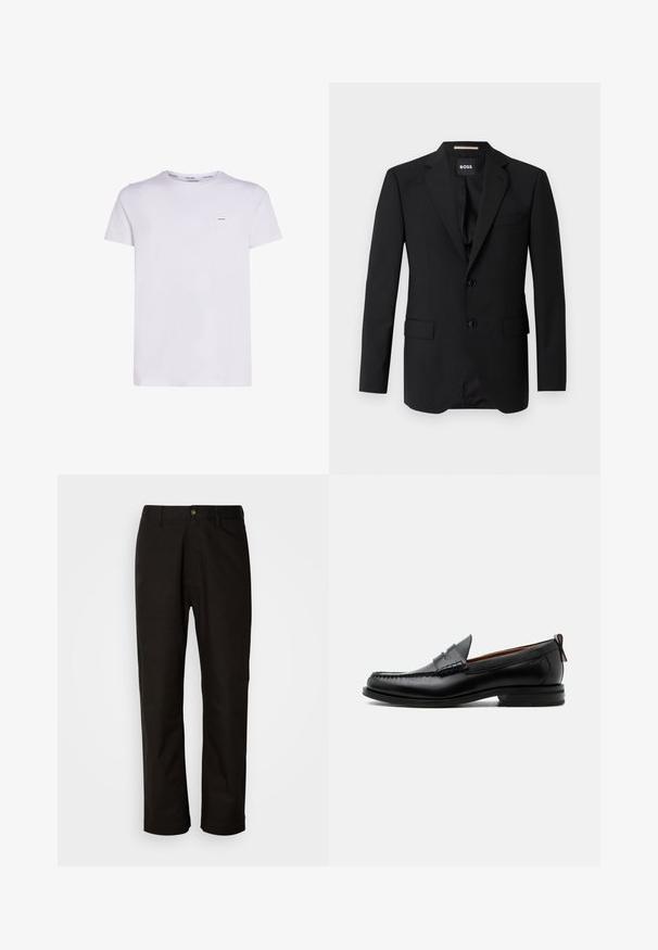 Schwarzes Blazer mit Reverskragen, einreihigem Design, zwei Knöpfen und zwei frontalen Taschen. Glattes Gewebe und taillierte Passform.; Weißes Baumwoll-T-Shirt mit kurzen Ärmeln, Rundhalsausschnitt und einem kleinen Logo-Label auf der linken Brust, mit glatter Textur und schlichtem Design.; Schwarze Baumwollhosen mit geradem Schnitt, Gürtelschlaufen, einem Reißverschluss vorne und einem einzelnen Knopfverschluss. Glatte Textur ohne sichtbare Muster.; Schwarzer Leder-Herrenschuh mit Mokassinnaht, Penny-Riemen, strukturiertem Kragen und niedrigem gestapeltem Absatz auf weißem Hintergrund.