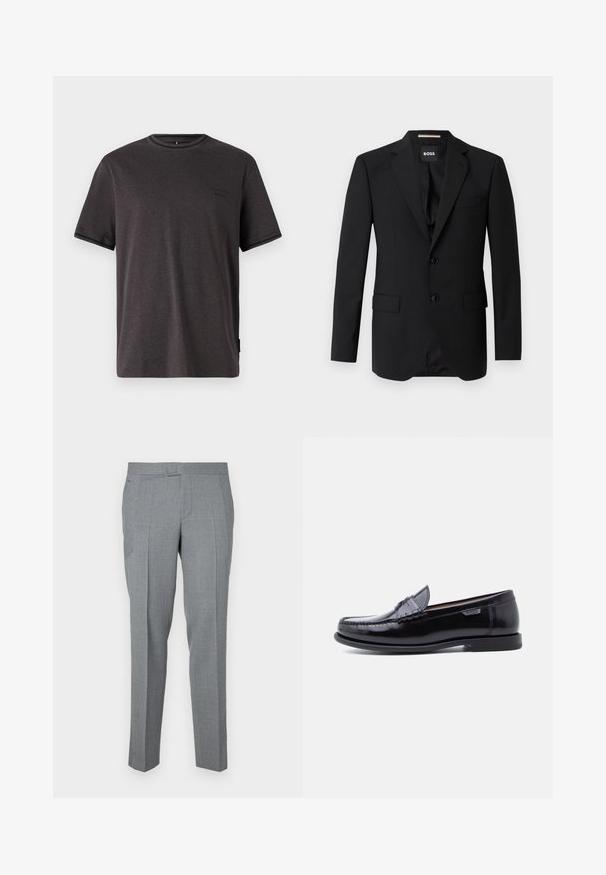 Blazer negro con solapas de muesca, diseño de un solo botón, dos botones y dos bolsillos frontales. Tejido suave y corte entallado.; Camiseta de manga corta en gris carbón, hecha de una tela suave. Presenta un cuello redondo y un pequeño logo en el pecho. Textura suave.; Pantalones grises a medida hechos de una tela texturizada, con un diseño de frente plano, trabillas para cinturón y dos bolsillos laterales. Diseño de pierna recta.; Mocasines de cuero negro con acabado brillante, que presentan un diseño cosido en la puntera y una suela baja de goma negra texturizada.