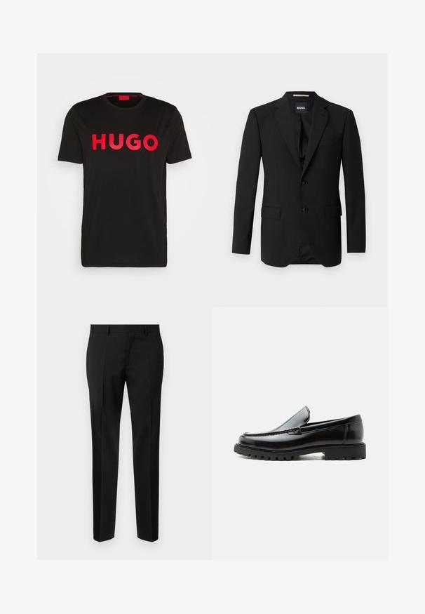 Schwarzes Blazer mit Reverskragen, einreihigem Design, zwei Knöpfen und zwei frontalen Taschen. Glattes Gewebe und taillierte Passform.; Schwarzes Baumwoll-T-Shirt mit fettem roten "HUGO"-Schriftzug auf der Vorderseite, kurzen Ärmeln, rundem Ausschnitt und lässiger Passform.; Schwarze maßgeschneiderte Hosen aus glattem Stoff, mit geradem Bein, feinen Bügelfalten und einem klassischen Bund mit Gürtelschlaufen.; Schwarzer Lederloafer mit grober Gummisohle, genähter Oberseite und geprägtem Markennamen an der Ferse, seitlich auf weißem Hintergrund gezeigt.