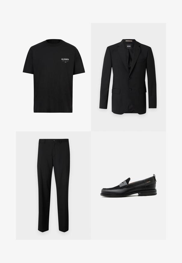 Blazer noir avec revers crantés, design à un bouton, deux boutons et deux poches avant. Tissu lisse et coupe ajustée.; T-shirt en coton noir à manches courtes et col ras du cou. Présente un texte blanc "ALLSAINTS" et "LONDON" sur la partie gauche de la poitrine.; Pantalons noirs ajustés avec une coupe plate, taille standard et jambes droites. Fabriqués en tissu lisse, dotés d'une fermeture à un bouton.; Mocassin en cuir noir avec détail de bride grise, talon bas et semelle texturée, marqué "HUGO" en or sur le côté.