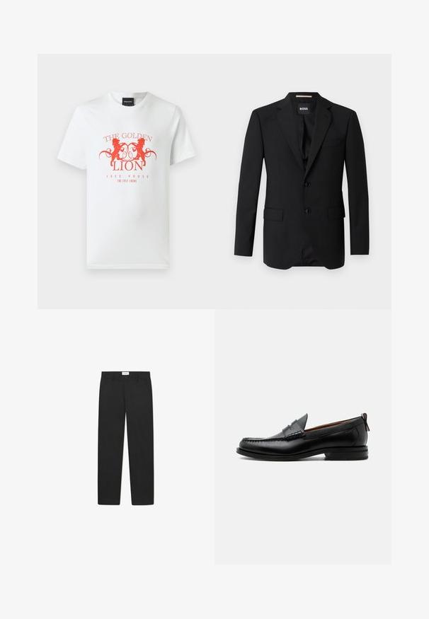 Zwart colbert met notched kleppen, enkelsluiting, twee knopen en twee voorzakken. Glad materiaal en op maat gemaakte pasvorm.; Witte katoenen t-shirt met een rode grafische print van twee leeuwen en de tekst "THE GOLDEN LION FREE HOUSE" in een circulair ontwerp. Korte mouwen.; Zwarte broek met een recht gesneden ontwerp, gemaakt van stof met een gladde textuur, voorzien van twee zijzakken en een standaard tailleband.; Zwarte leren herensloffen met moc toe stiksel, pennyriem, gestructureerde kraag en lage gestapelde hak op witte achtergrond.