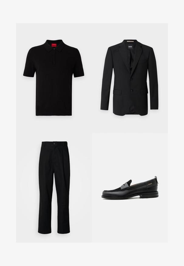 Blazer noir avec revers crantés, design à un bouton, deux boutons et deux poches avant. Tissu lisse et coupe ajustée.; Polo noir en coton lisse. Doté d'un col classique, de manches courtes et d'une étiquette rouge au niveau du col. Sans motifs ni accents.; Pantalons noirs à jambes droites avec une taille à bouton, passants de ceinture et pli avant, présentés sur un fond blanc uni.; Mocassin en cuir noir avec détail de bride grise, talon bas et semelle texturée, marqué "HUGO" en or sur le côté.