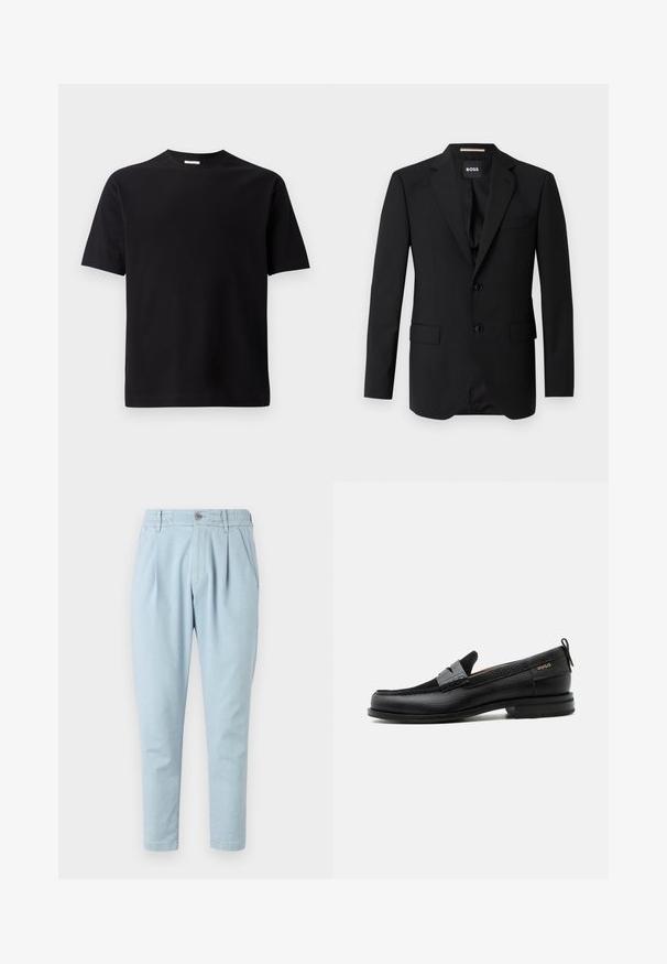 Blazer noir avec revers crantés, design à un bouton, deux boutons et deux poches avant. Tissu lisse et coupe ajustée.; T-shirt noir à manches courtes avec un motif géométrique texturé, un col rond et un ourlet droit. Fabriqué en matériau doux et respirant.; Pantalon bleu clair en tissu texturé, avec une fermeture à bouton, une taille élastique et deux poches latérales. Design à jambes fuselées.; Mocassin en cuir noir avec détail de bride grise, talon bas et semelle texturée, marqué "HUGO" en or sur le côté.