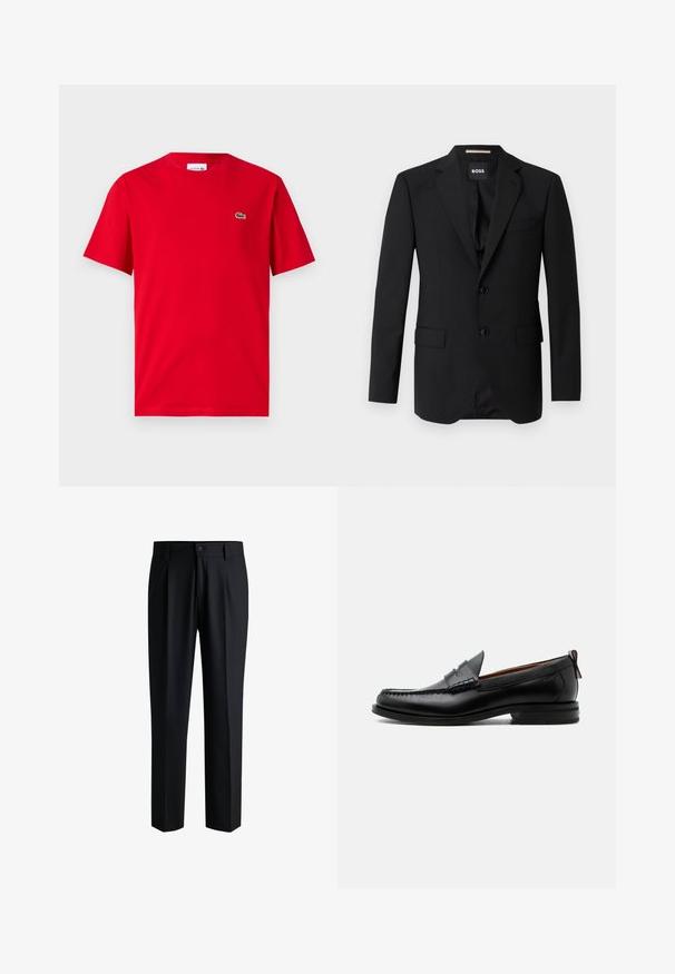 Schwarzes Blazer mit Reverskragen, einreihigem Design, zwei Knöpfen und zwei frontalen Taschen. Glattes Gewebe und taillierte Passform.; Rotes Baumwoll-T-Shirt mit kurzen Ärmeln, Rundhalsausschnitt und kleinem grünen Krokodil-Logo auf der linken Brust. Glatte Textur, lässige Passform.; Schwarze Hose aus glattem Stoff, mit geradem Bein-Design, Falten vorne und einem Knopfverschluss mit Gürtelschlaufen.; Schwarzer Leder-Herrenschuh mit Mokassinnaht, Penny-Riemen, strukturiertem Kragen und niedrigem gestapeltem Absatz auf weißem Hintergrund.