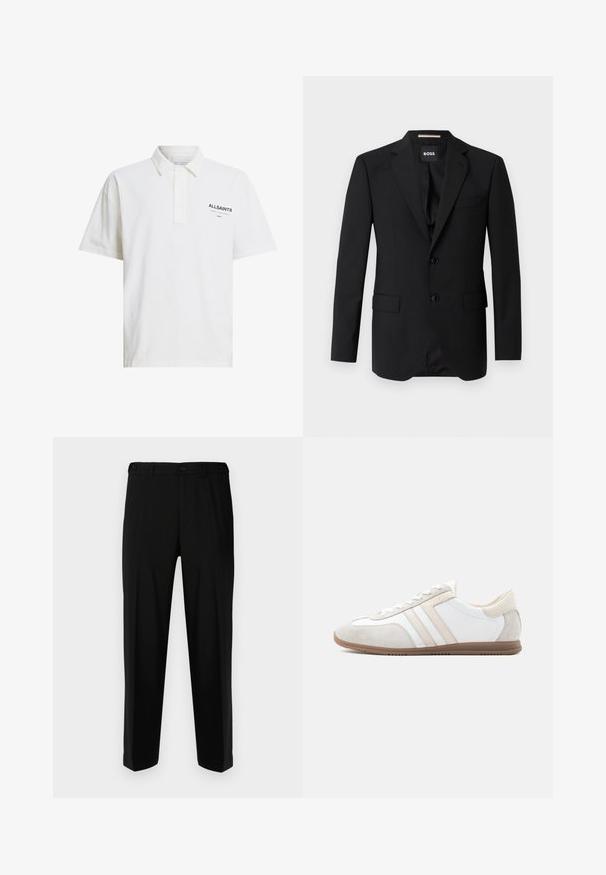 Schwarzes Blazer mit Reverskragen, einreihigem Design, zwei Knöpfen und zwei frontalen Taschen. Glattes Gewebe und taillierte Passform.; Weißes Polo-Shirt aus Baumwolle mit kurzen Ärmeln, einem Knopfkragen und einem schwarzen Logo auf der linken Seite. Glatte Textur, klassischer Schnitt.; Schwarze Hosen aus glattem Stoff, mit geradem Schnitt, zwei vorderen Taschen und einem Reißverschluss mit Knopfverschluss.; Schlichter weiß-beiger Sneaker mit Wildlederelementen, Schnürverschluss und brauner Gummisohle, Seitenansicht auf schlichtem Hintergrund gezeigt.