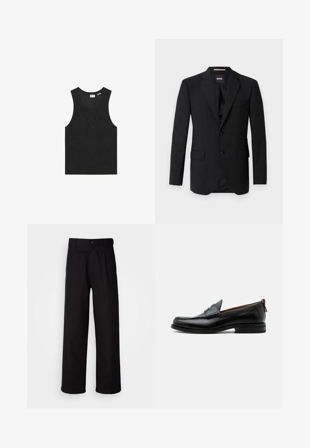 Blazer negro con solapas de muesca, diseño de un solo botón, dos botones y dos bolsillos frontales. Tejido suave y corte entallado.; Top negro sin mangas con un patrón texturizado y un cuello redondo. Fabricado con un material de punto ligero.; Pantalones negros hechos de una tela suave, con un diseño de pierna recta, pliegues frontales y un cierre de botón en la cintura.; Mocasín de hombre de piel negra con costura moc toe, tira penny, cuello texturizado y tacón bajo apilado sobre fondo blanco.