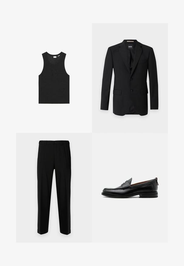 Sort blazer med spidse klapper, enknapsdesign, to knapper og to frontlommer. Glat stof og skræddersyet pasform.; Sort tanktop med et tekstureret mønster, uden ærmer og rund halsudskæring. Fremstillet af let strikmateriale.; Sorte bukser lavet af glat stof, med lige snit, to forlommer og lynlås med knaplukning.; Sort læder herre loafer med moc-tå syning, penny strop, struktureret krave og lav stablet hæl på hvid baggrund.