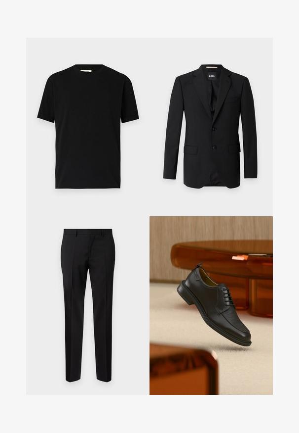 Schwarzes Blazer mit Reverskragen, einreihigem Design, zwei Knöpfen und zwei frontalen Taschen. Glattes Gewebe und taillierte Passform.; Schwarzes kurzärmliges T-Shirt aus Baumwolle mit Rundhalsausschnitt und lockerer Passform. Sanfte Textur, keine Muster oder sichtbaren Logos.; Schwarze maßgeschneiderte Hosen aus glattem Stoff, mit geradem Bein, feinen Bügelfalten und einem klassischen Bund mit Gürtelschlaufen.; Schwarzer Leder-Schnürschuh mit texturierter Vorderseite, schwebend über beigem Teppich in einem modernen Raum mit bernsteinfarbenen Möbeln.