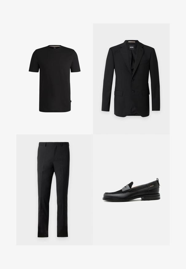 Sort blazer med spidse klapper, enknapsdesign, to knapper og to frontlommer. Glat stof og skræddersyet pasform.; Sort kortærmet t-shirt lavet af glat bomuld med rund halsudskæring. Har et diskret mærke på venstre side nær kanten.; Sorte bukser med en skræddersyet pasform, der har en flad front, to pressefolder, bæltestropper og en glat overflade. Ingen synlige mønstre eller beslag.; Sort læderloafer med grå remdetalje, lav hæl og tekstureret sål, mærket med "HUGO" i guld på siden.
