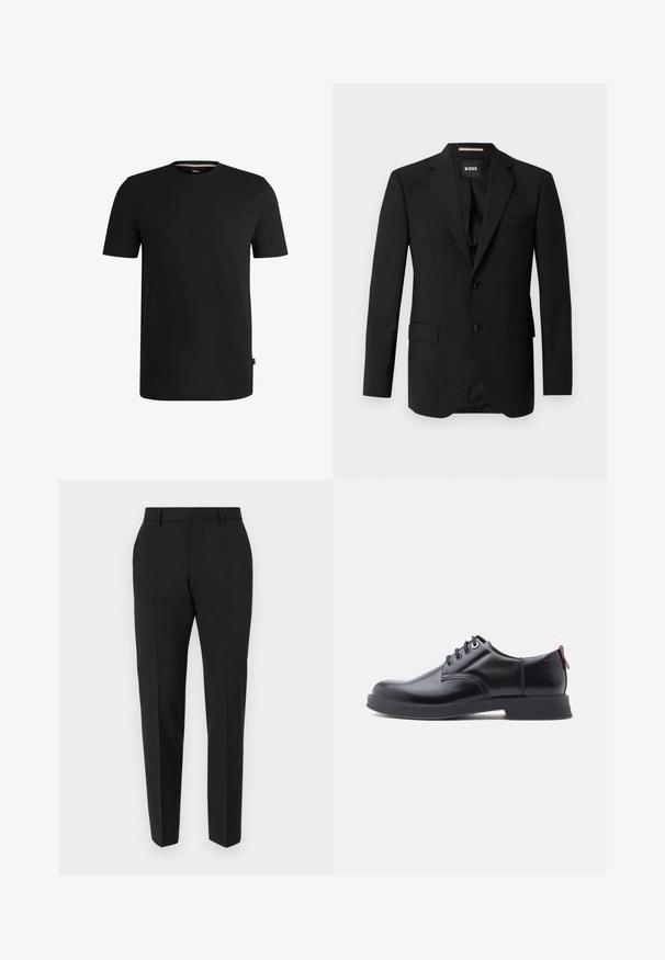 Sort blazer med spidse klapper, enknapsdesign, to knapper og to frontlommer. Glat stof og skræddersyet pasform.; Sort kortærmet t-shirt lavet af glat bomuld med rund halsudskæring. Har et diskret mærke på venstre side nær kanten.; Sorte bukser med et skræddersyet design, flad front, pressefolder og en slank pasform. Lavet af et glat stof for et elegant udseende.; Sorte snørestøvler i læder med glat tekstur, rundet tå og diskrete syningsdetaljer. Har en rød trækflig på hælen.