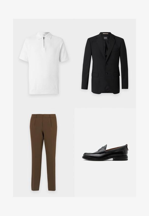 Blazer noir avec revers crantés, design à un bouton, deux boutons et deux poches avant. Tissu lisse et coupe ajustée.; Polo shirt blanc à manches courtes avec un tricot texturé, doté d'un col zippé et d'un ourlet côtelé. Design épuré adapté à une tenue décontractée.; Pantalons marron sur mesure avec une texture lisse, dotés de deux plis avant, de jambes droites et de passants de ceinture. Design épuré et minimaliste.; Mocassin homme en cuir noir avec couture moc toe, bride penny, col texturé et petit talon empilé sur fond blanc.