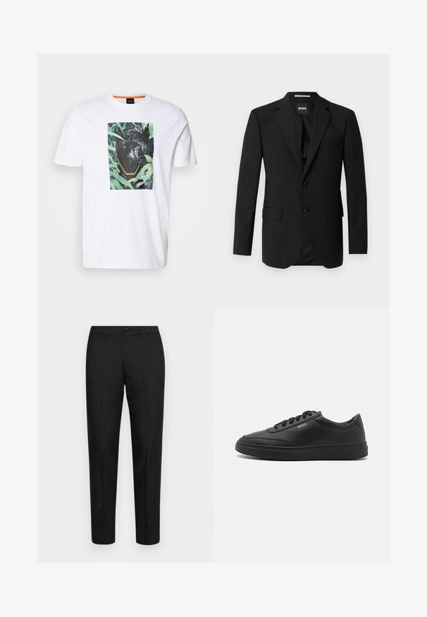 Sort blazer med spidse klapper, enknapsdesign, to knapper og to frontlommer. Glat stof og skræddersyet pasform.; Hvid bomuld t-shirt med et fremtrædende sort panther-grafik omgivet af grønne planter, med en guldkæde og branddetalje.; Sorte bukser lavet af glat stof med slim fit, med knaplukning, bæltestropper og lige ben.; Sorte lædersneakers med en glat overflade, rund tå, flad gummisål og tonede snørebånd. Udstyret med guld "BOSS" branding på siden.