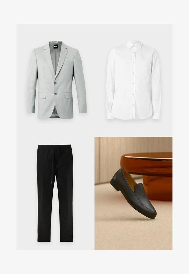 Lys grå blazer med to knapper, reverskrave og forlommer. Glat stof med et subtilt mønster indeni. Mærketikette synlig.; Hvid langærmet skjorte med knapper, lavet af bomuld. Har en spids krave og et lille broderet logo på brystet. Glat tekstur.; Sorte tapered bukser med elastisk talje og snor. Glat stof, minimalistisk design, ingen synlige lommer eller mønstre.; Sort læder loafer sko, der hviler på beige tæppe med et blankt brunt rundt bord i baggrunden.