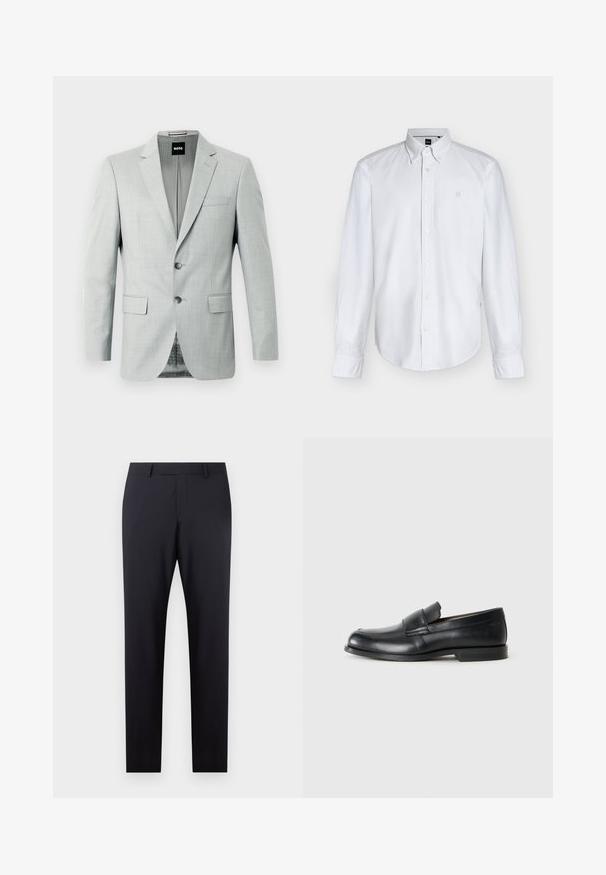 Lichtgrijze blazer met twee knopen, met een notch revers en voorzakken. Soepele stof met een subtiel patroon aan de binnenkant. Merklabel zichtbaar.; Wit overhemd met lange mouwen, knopen en een button-down kraag met een subtiel logo op de borst, getoond tegen een effen achtergrond.; Donkerblauwe op maat gemaakte broek met een vlakke front, slim fit, zijzakken en een gladde textuur; geen zichtbare patronen of versieringen.; Zwarte leren instappers met een ronde neus, gestikte details en een vlakke rubberen zool. Heeft een brede band over de wreef.