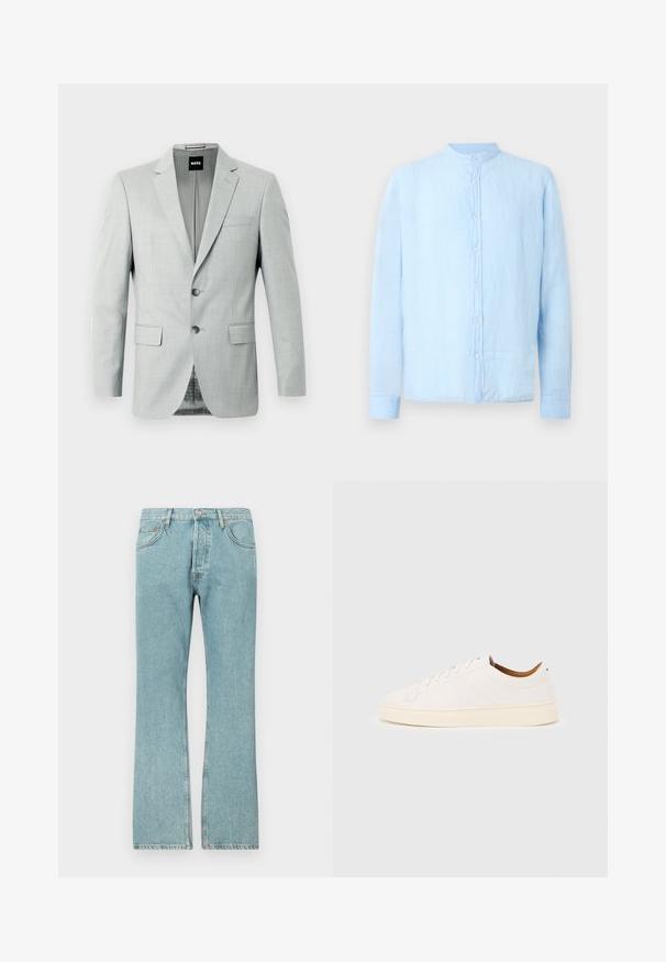 Lys grå blazer med to knapper, reverskrave og forlommer. Glat stof med et subtilt mønster indeni. Mærketikette synlig.; Lyseblå skjorte med lange ærmer, mandarin-krave og hvide knapper foran, vist på ensfarvet baggrund.; Lysblå denimjeans med lige ben-design, der har fem lommer og en knaplukning. Synlige sømme og frynsedetaljer i kanten.; Hvid lavtop-sneakers med snørelukning, minimale syningsdetaljer og en cremefarvet sål på en lysegrå baggrund.