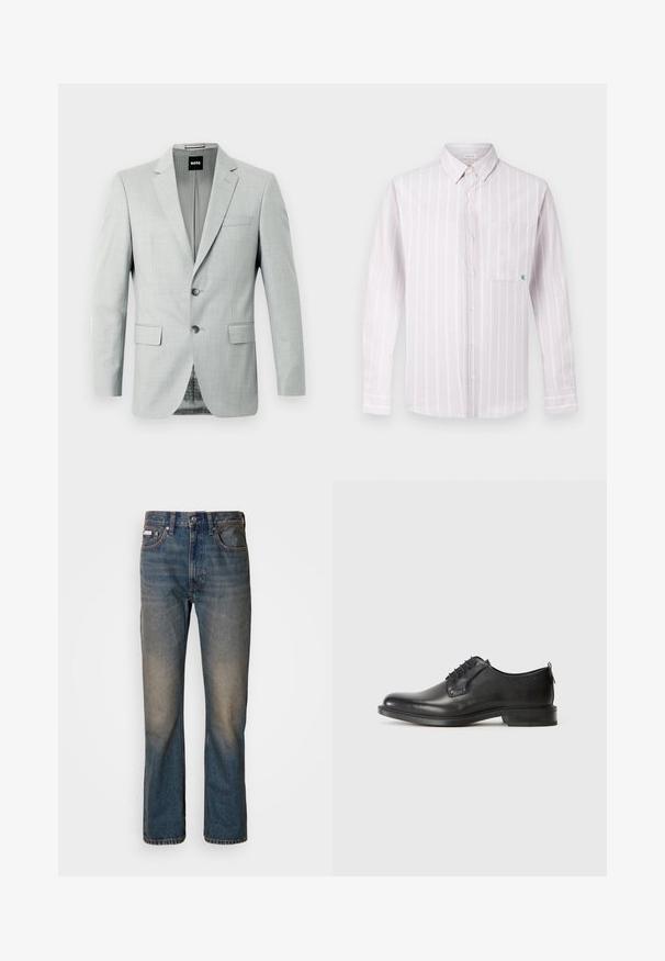 Blazer gris claro con dos botones, solapas de muesca y bolsillos frontales. Tejido suave con un patrón sutil en el interior. Etiqueta de la marca visible.; Camisa de manga larga color rosa claro con botones, rayas verticales blancas y un bolsillo en el pecho con un pequeño logo verde. Tejido de algodón, cuello estándar.; Vaqueros de tiro alto en denim azul, con un diseño de pierna recta, parches desgastados y descoloridos, y un estilo tradicional de cinco bolsillos.; Zapato de vestir para hombre de cuero negro con cordones, tacón bajo y acabado suave, mostrado en perfil lateral sobre un fondo claro y liso.