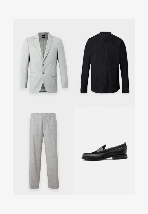 Blazer gris clair avec deux boutons, revers crantés et poches avant. Tissu lisse avec un motif subtil à l'intérieur. Étiquette de la marque visible.; Chemise noire à manches longues avec col montant et boutons sur le devant, présentée sur un fond gris clair uni.; Pantalons en tissu texturé gris clair, avec une taille élastique. Design à jambe droite, sans poches visibles ni détails matériels.; Mocassin en cuir noir avec détail de bride grise, talon bas et semelle texturée, marqué "HUGO" en or sur le côté.