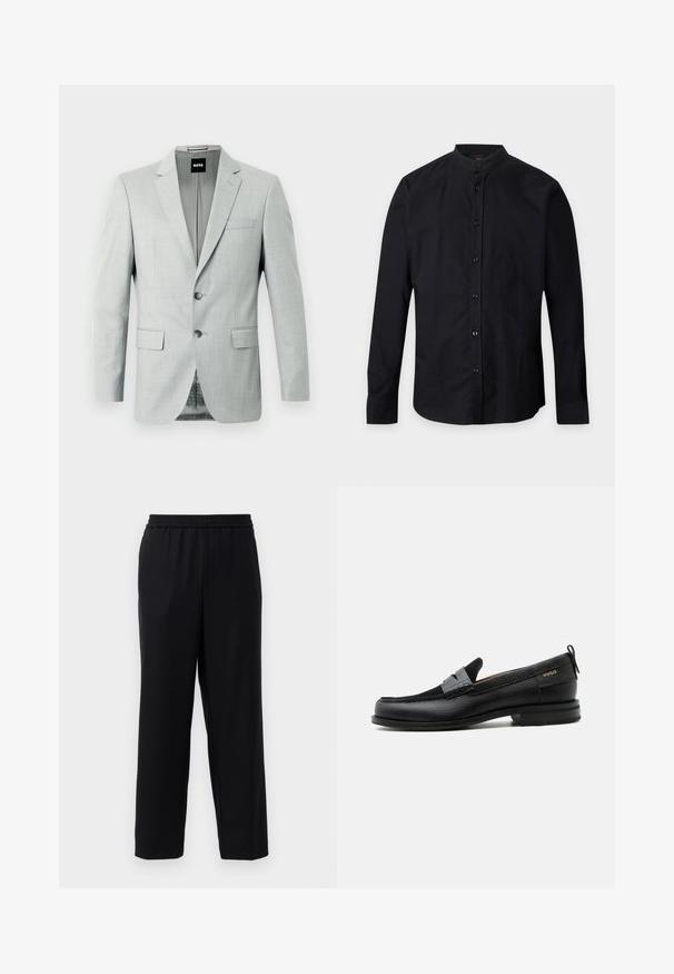 Blazer gris clair avec deux boutons, revers crantés et poches avant. Tissu lisse avec un motif subtil à l'intérieur. Étiquette de la marque visible.; Chemise noire à manches longues avec col montant et boutons sur le devant, présentée sur un fond gris clair uni.; Pantalons noirs avec une taille élastique, design à jambes droites et un tissu lisse et léger. Pas de poches visibles ni de motifs.; Mocassin en cuir noir avec détail de bride grise, talon bas et semelle texturée, marqué "HUGO" en or sur le côté.